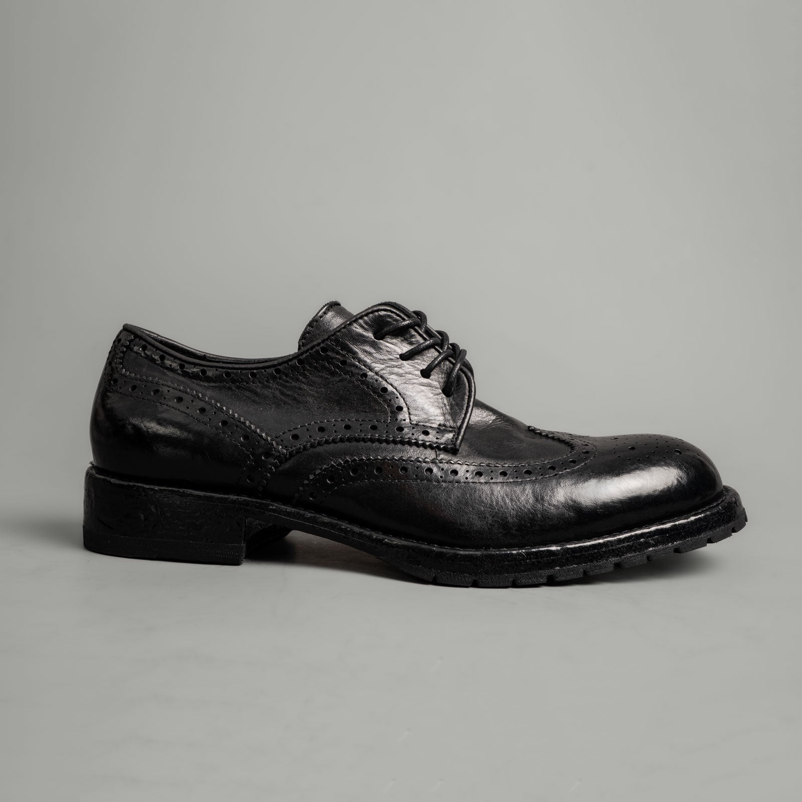 Black Washed Leather Brogue Derby Shoes