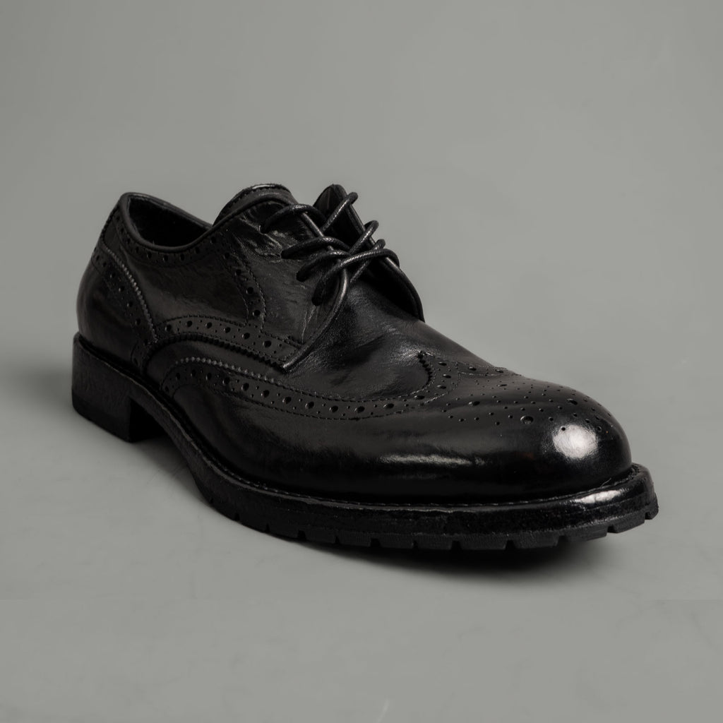 Black Washed Leather Brogue Derby Shoes