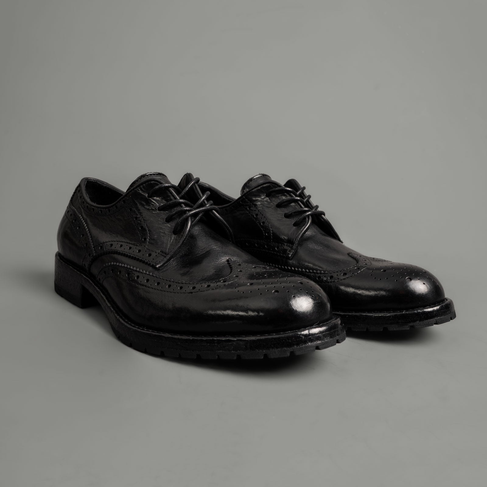 Black Washed Leather Brogue Derby Shoes
