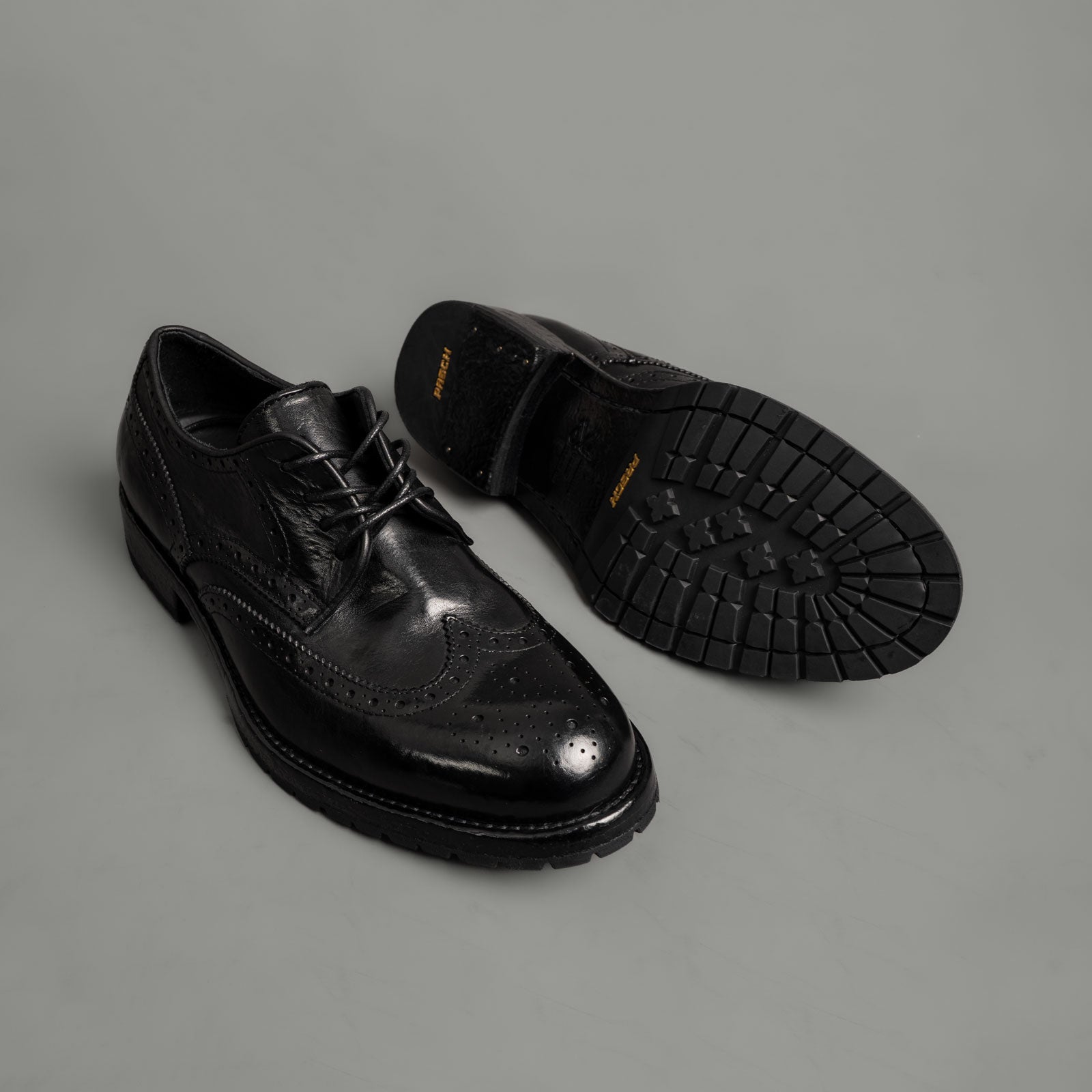 Black Washed Leather Brogue Derby Shoes