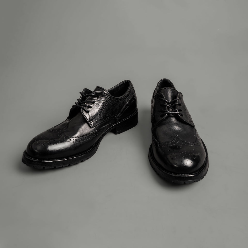 Black Washed Leather Brogue Derby Shoes