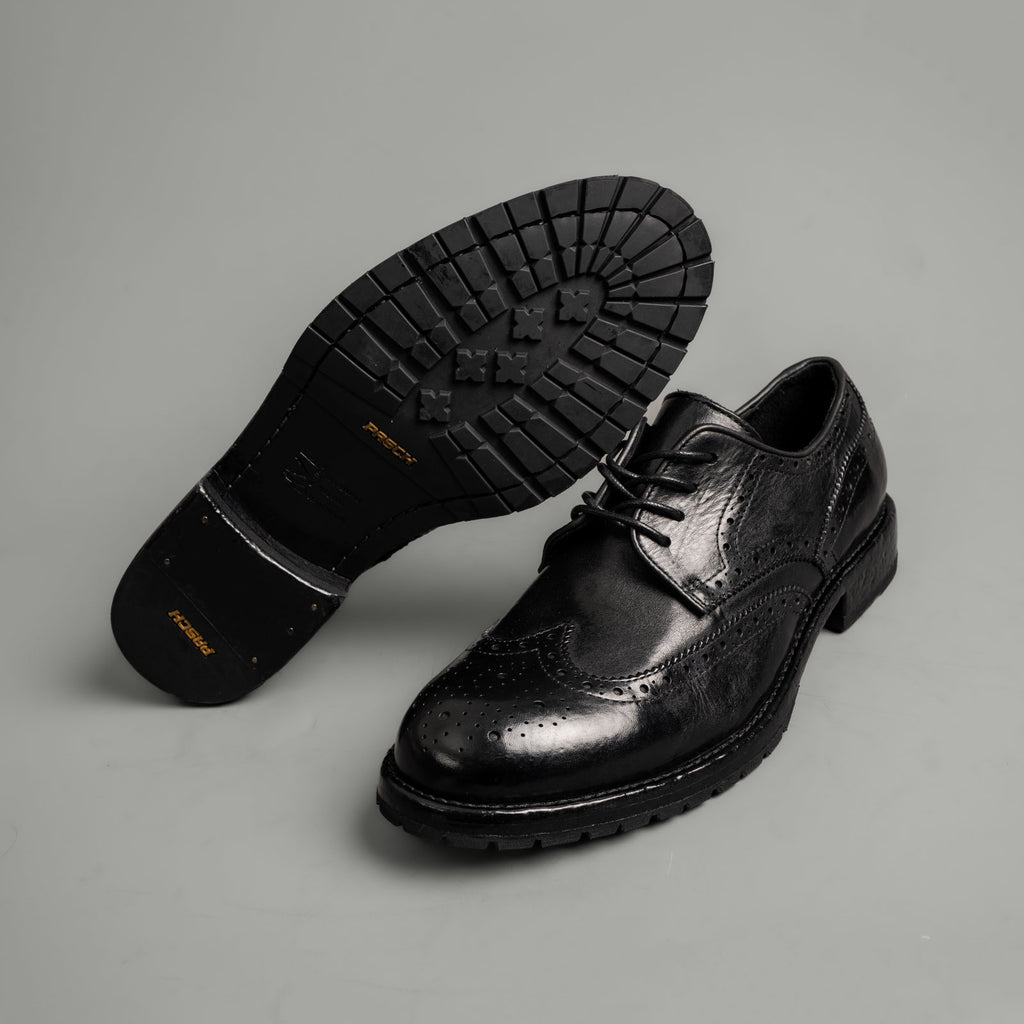 Black Washed Leather Brogue Derby Shoes