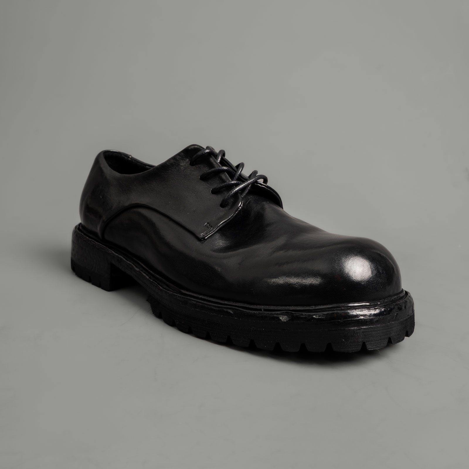 Washed Black Leather Lug Sole Derbies
