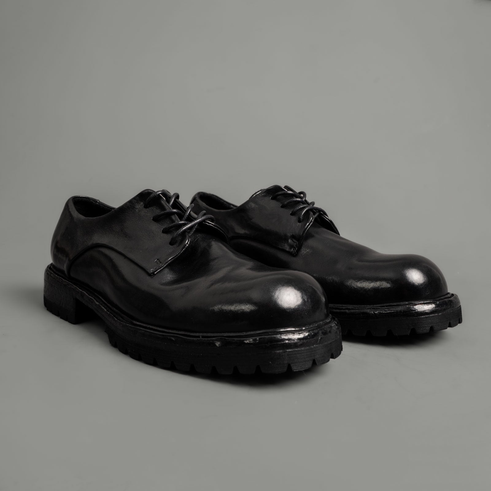 Washed Black Leather Lug Sole Derbies