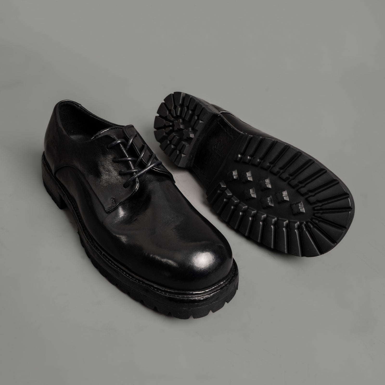 Washed Black Leather Lug Sole Derbies
