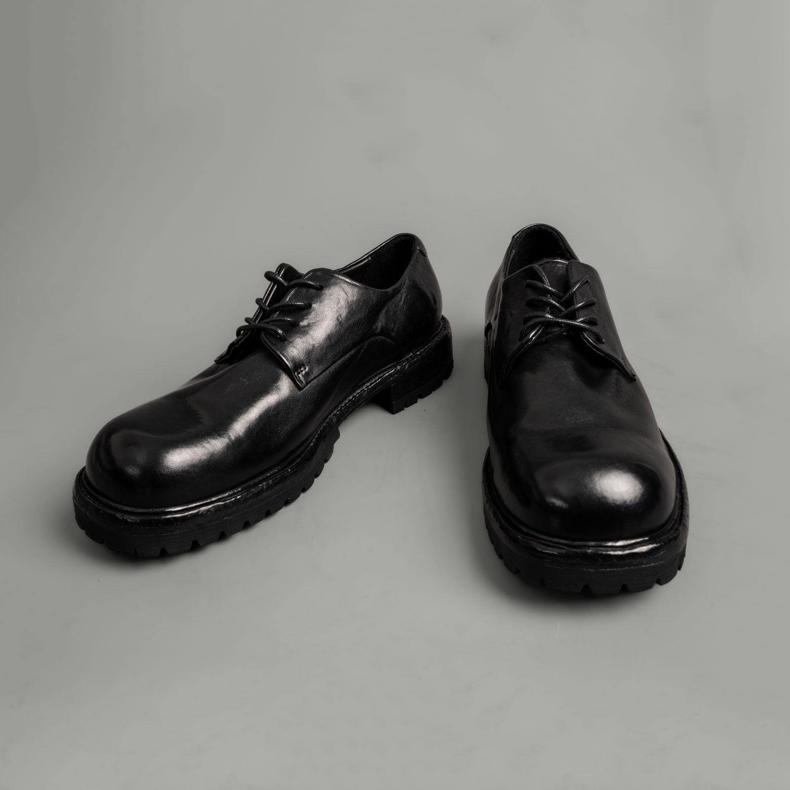 Washed Black Leather Lug Sole Derbies