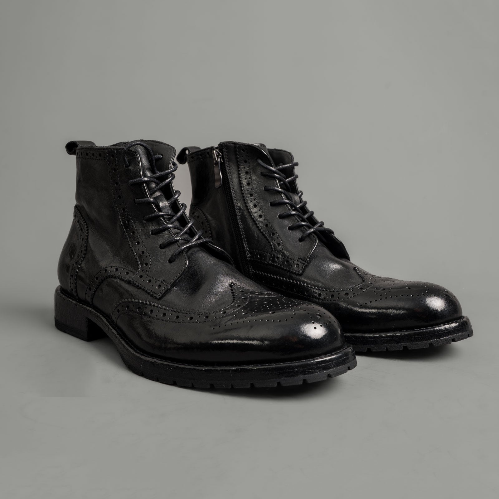 Polished Black Washed Leather Martin Boots