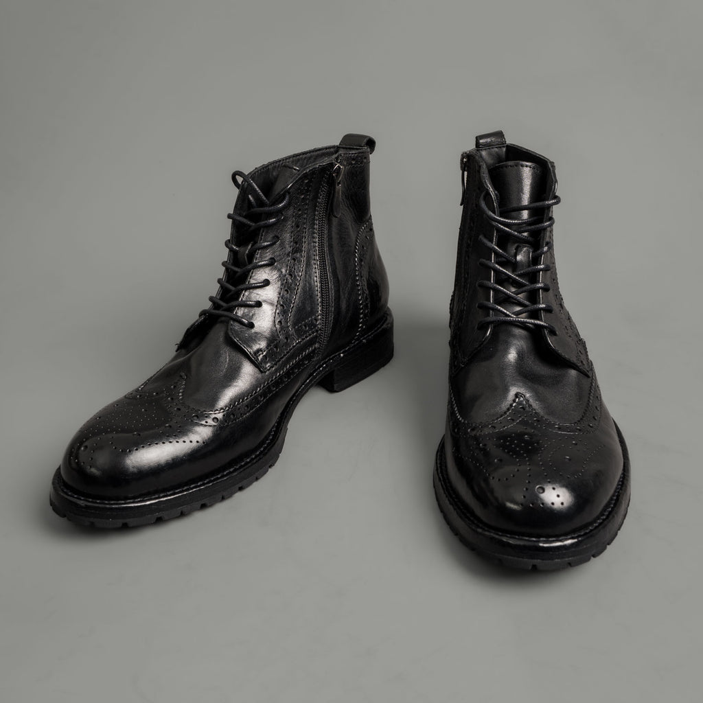Polished Black Washed Leather Martin Boots